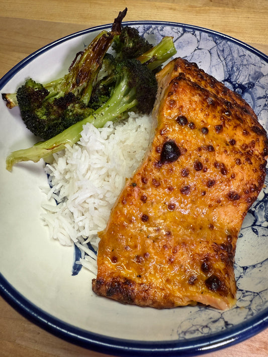 Plate of Broiled Trout with Basmati Rice and Charred Broccoli