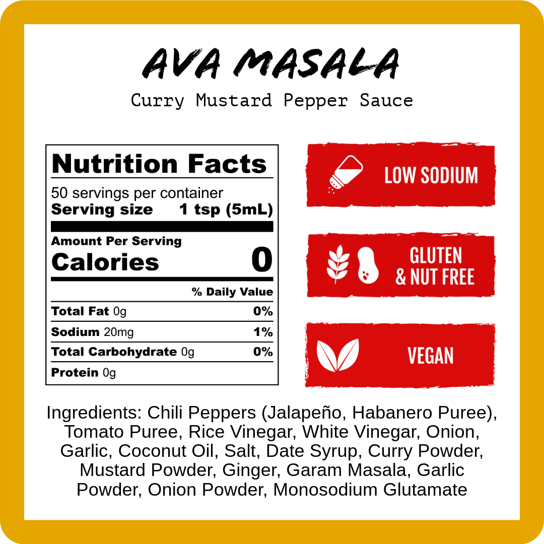 A square product label for AVA MASALA Curry Mustard Pepper Sauce, featuring a Nutrition Facts panel, three red feature badges reading Low Sodium, Gluten & Nut Free, and Vegan, and a list of ingredients on a white background with a yellow border.