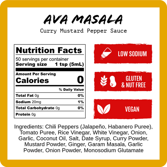 A square product label for AVA MASALA Curry Mustard Pepper Sauce, featuring a Nutrition Facts panel, three red feature badges reading Low Sodium, Gluten & Nut Free, and Vegan, and a list of ingredients on a white background with a yellow border.