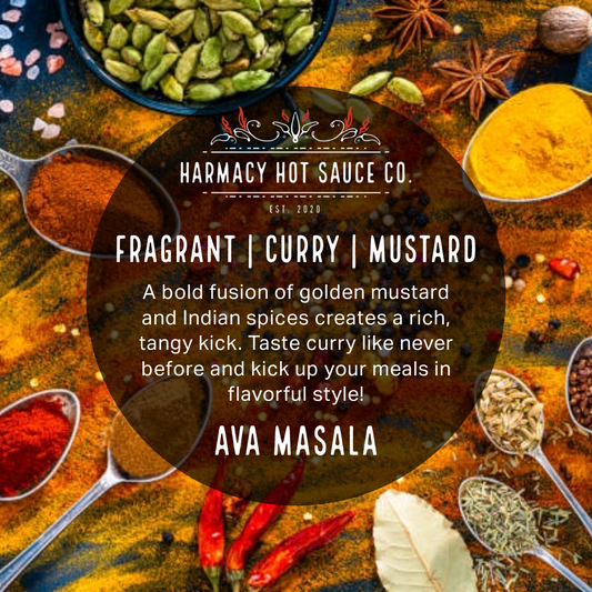 Promotional graphic for 'Harmacy Hot Sauce Co.'s 'Ava Masala' hot sauce, featuring a dark brown translucent circle with white text over a richly textured background of spices, including red chili powder, turmeric, green cardamom, star anise, and whole spices in spoons.