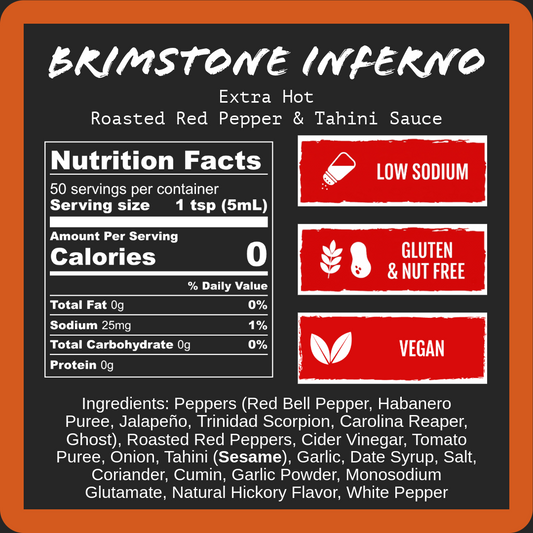 Nutrition facts label for Brimstone Inferno hot sauce with vegan, gluten-free, and peanut-free indicators.