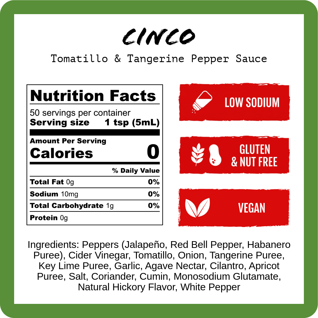 Nutrition facts label and ingredient list for Cinco Tomatillo & Clementine Pepper Sauce with vegan, gluten-free, and peanut-free indicators.