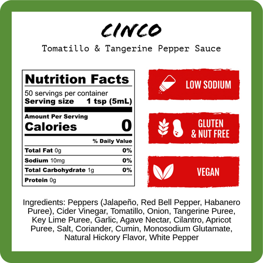 Nutrition facts label and ingredient list for Cinco Tomatillo & Clementine Pepper Sauce with vegan, gluten-free, and peanut-free indicators.
