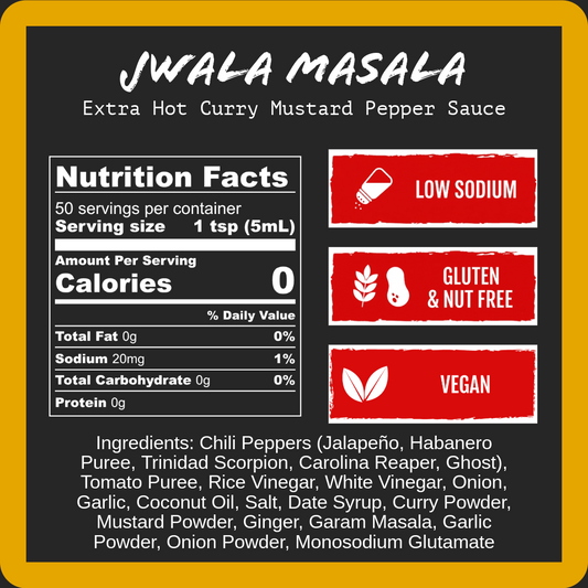 Jwala Masala Extra Hot Curry Mustard Pepper Sauce label with nutrition facts, vegan, gluten-free, peanut-free indicators, and ingredient list.