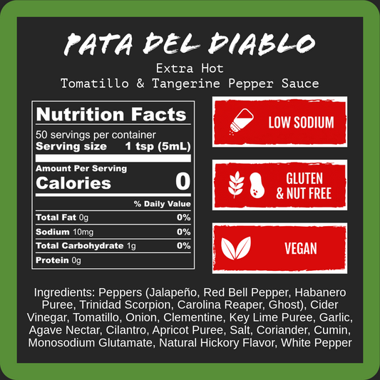 Nutrition facts label and ingredient list for Pata del Diablo Extra Hot Tomatillo & Clementine Pepper Sauce.