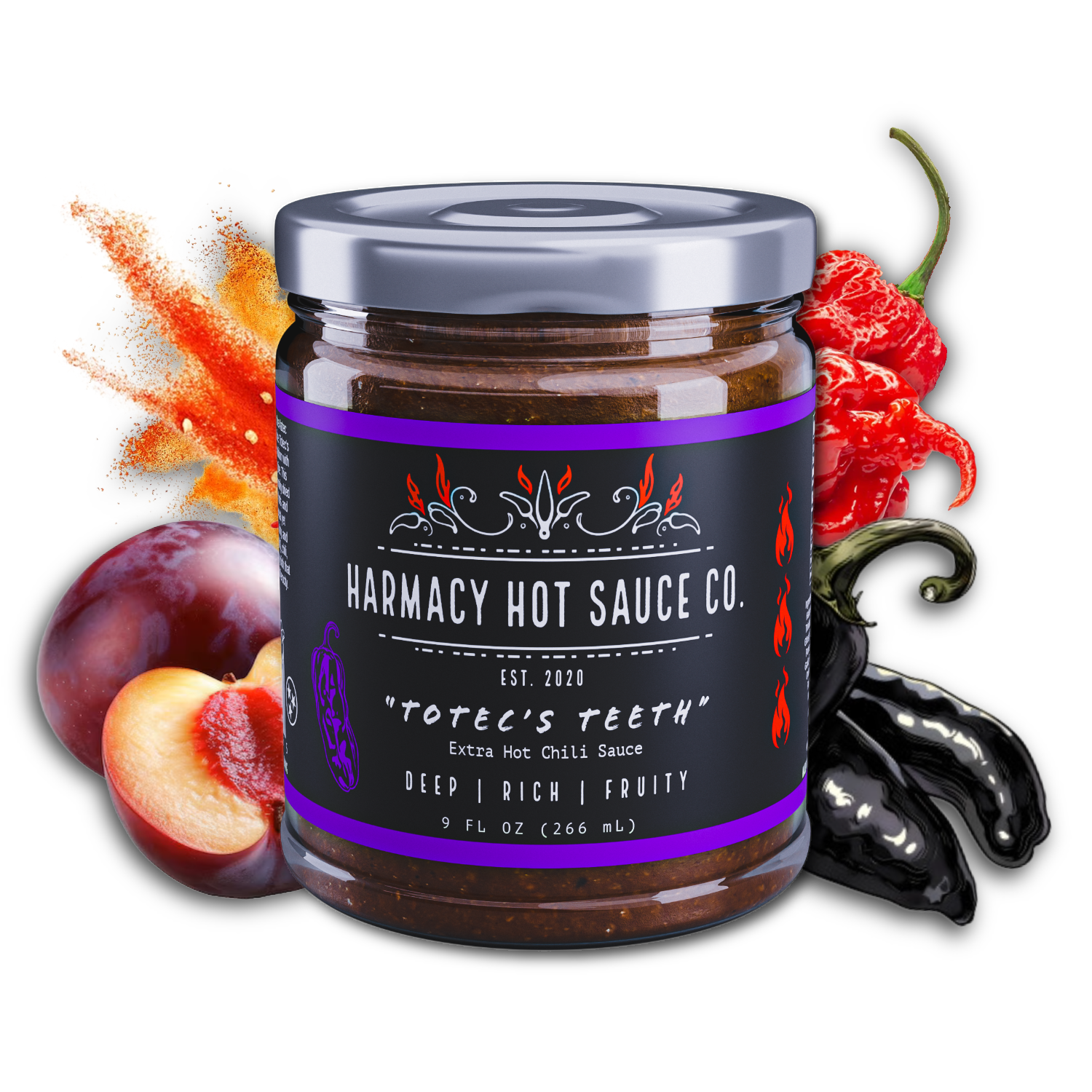 Totec's Teeth - Extra Hot Pasilla & Plum (9oz) – Harmacy Hot Sauce Co.