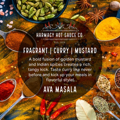 Promotional graphic for 'Harmacy Hot Sauce Co.'s 'Ava Masala' hot sauce, featuring a dark brown translucent circle with white text over a richly textured background of spices, including red chili powder, turmeric, green cardamom, star anise, and whole spices in spoons.