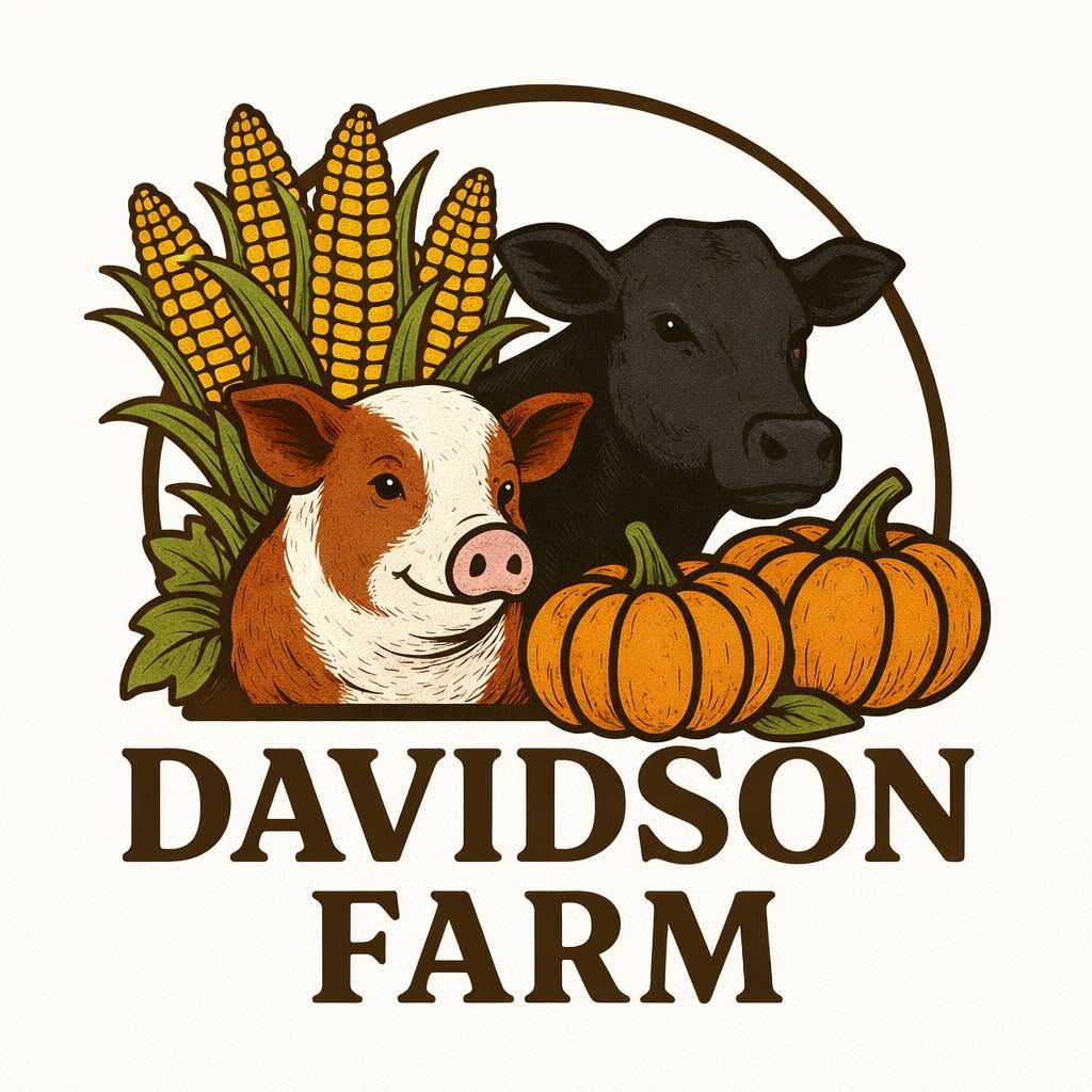 A stylized farm-themed graphic with a brown and white pig, a black cow, yellow corn, and orange pumpkins above the words “DAVIDSON FARM” in large brown letters on a light cream background.