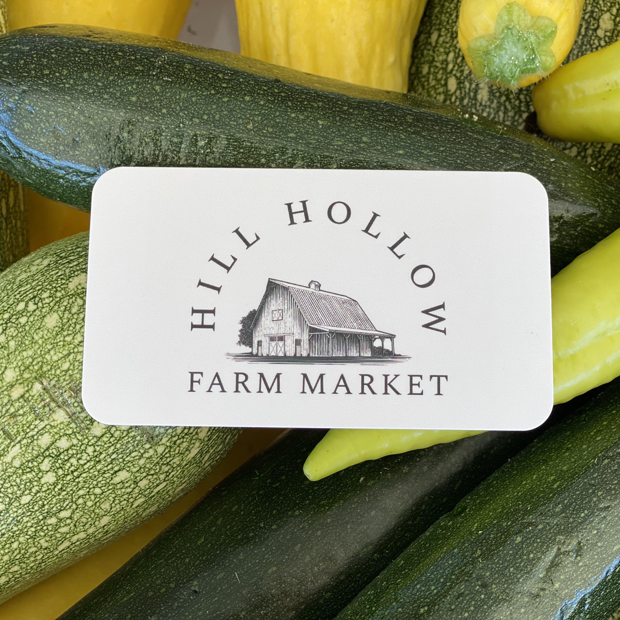 A white rectangular sign with rounded corners reading 'HILL HOLLOW FARM MARKET' and showing a barn illustration, placed over a pile of fresh zucchini and yellow squash.