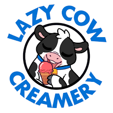 Lazy Cow Creamery logo featuring a cartoon black-and-white cow holding an ice cream cone, with blue text reading 'LAZY COW CREAMERY' on a white background.