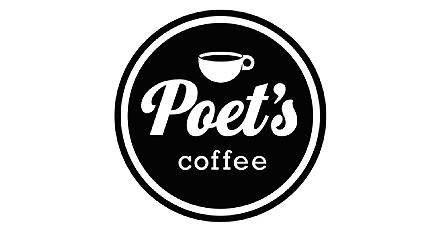 A circular black and white logo featuring a coffee cup icon above the words 'Poet's coffee'.